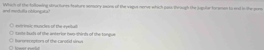 Which of the following structures feature sensory axons of the vagus nerve which pass through the jugular foramen to end in the pons
and medulla oblongata?
extrinsic muscles of the eyeball
taste buds of the anterior two-thirds of the tongue
baroreceptors of the carotid sinus
lower evelid