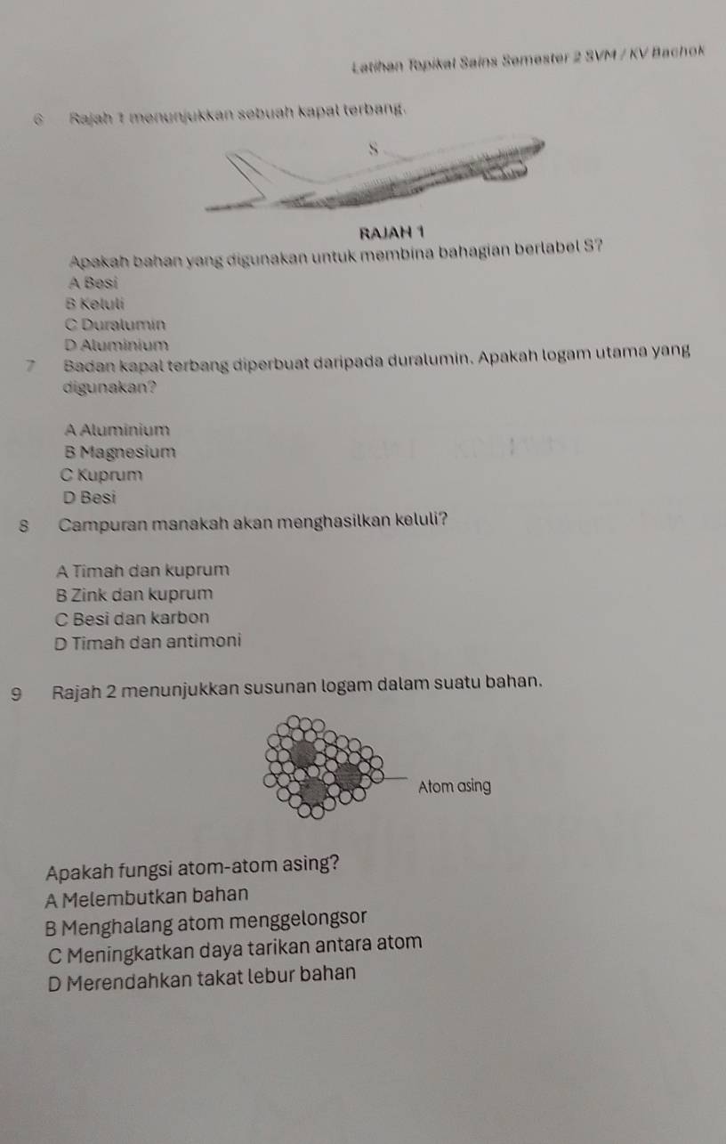 Latihan Topikal Sains Semester 2 SVM / KV Bachok
6 Rajah 1 menunjukkan sebuah kapal terbang.
RAJAH 1
Apakah bahan yang digunakan untuk membina bahagian berlabel S?
A Besi
B Keluli
C Duralumín
D Aluminium
7 Badan kapal terbang diperbuat daripada duralumin. Apakah logam utama yang
digunakan?
A Aluminium
B Magnesium
C Kuprum
D Besi
8 Campuran manakah akan menghasilkan keluli?
A Timah dan kuprum
B Zink dan kuprum
C Besi dan karbon
D Timah dan antimoni
9 Rajah 2 menunjukkan susunan logam dalam suatu bahan.
Apakah fungsi atom-atom asing?
A Melembutkan bahan
B Menghalang atom menggelongsor
C Meningkatkan daya tarikan antara atom
D Merendahkan takat lebur bahan