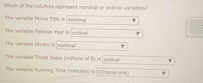 Solved: Which of the columns represent nominal or ordinal variables ...