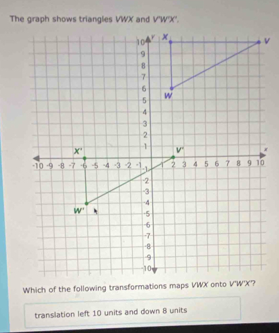 The graph shows triangles VWX and V'W'X'.
translation left 10 units and down 8 units