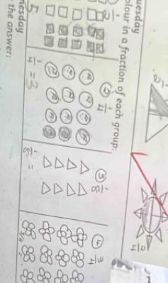  1/2 
uesday
 2/4 
plour in a fraction of each group: 
5  1/4  3  1/8  L  3/4 
a
 1/4 
8
nesday 
the answer: