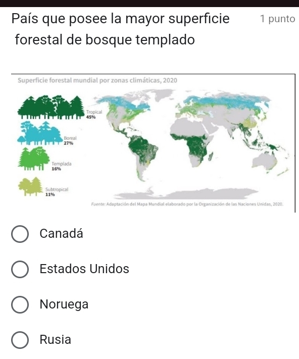 País que posee la mayor superficie 1 punto
forestal de bosque templado
Canadá
Estados Unidos
Noruega
Rusia