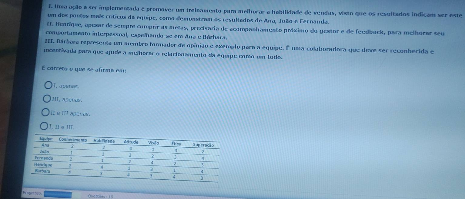 Uma ação a ser implementada é promover um treinamento para melhorar a habilidade de vendas, visto que os resultados indicam ser este
um dos pontos mais críticos da equipe, como demonstram os resultados de Ana, João e Fernanda.
II. Henrique, apesar de sempre cumprir as metas, precisaria de acompanhamento próximo do gestor e de feedback, para melhorar seu
comportamento interpessoal, espelhando-se em Ana e Bárbara.
III. Bárbara representa um membro formador de opinião e exemplo para a equipe. É uma colaboradora que deve ser reconhecida e
incentivada para que ajude a melhorar o relacionamento da equipe como um todo.
É correto o que se afirma em:
I, apenas.
III, apenas.
II e III apenas.
I, II e III.
Progresso: Questões: 10