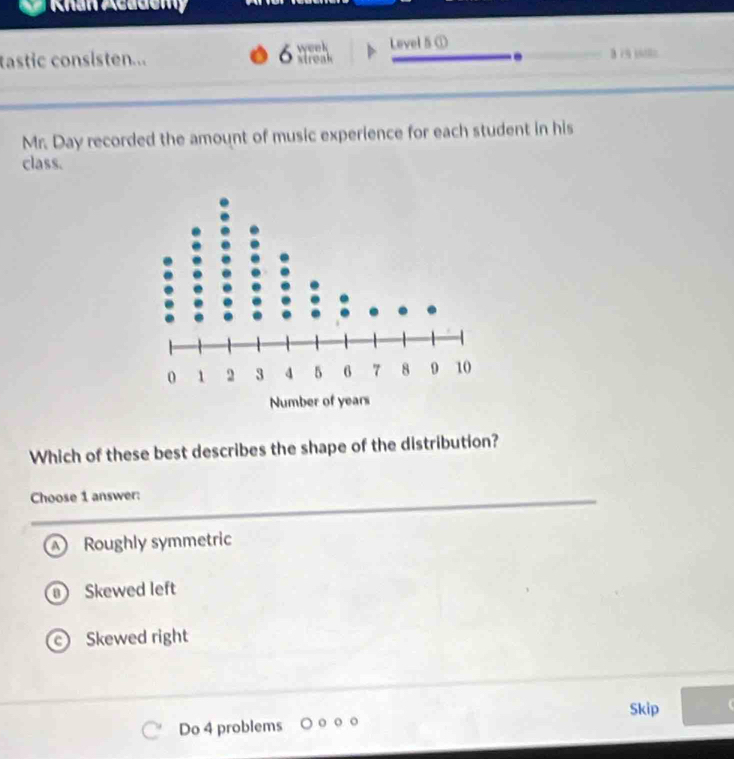 Khan Academy
6
tastic consisten... streak week Level 5 ①
.
Mr. Day recorded the amount of music experience for each student in his
class.
Which of these best describes the shape of the distribution?
Choose 1 answer:
Roughly symmetric
Skewed left
Skewed right
Skip
Do 4 problems a