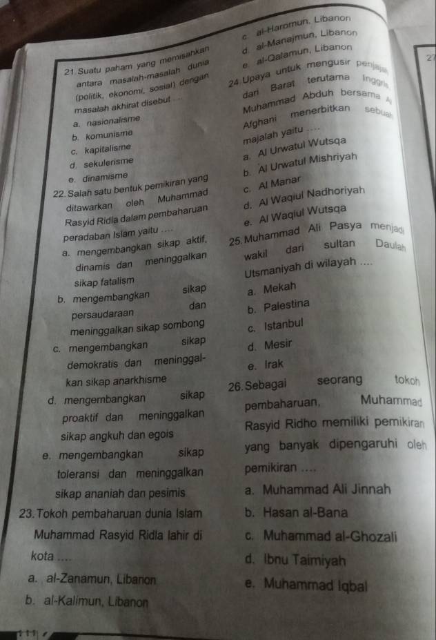 c ai-Haromun, Libanon
21.Suatu paham yang memisahkan d. al-Manajmun, Libanon
27
antara masalah-masaiah dunia e  al-Qalamun, Libanon
(politik, ekonomi, sosial) dengan  24 Upaya untuk mengusir penjaj
masalah akhirat disebut dari Barat terutama Ingg
a. nasionalisme Muhammad Abduh bersama  
Afghani menerbitkan sebual
majalah yaitu ....
b. komunisme
a. Al Urwatul Wutsqa
c. kapitalisme
d. sekulerisme
22. Salah satu bentuk pemikiran yang b. Al Urwatul Mishriyah
e. dinamisme
ditawarkan oleh Muhammad c. Al Manar
Rasyid Ridia dalam pembaharuan d. Al Waqiul Nadhoriyah
peradaban Islam yaitu .... e. Al Waqiul Wutsqa
a. mengembangkan sikap aktif, 25. Muhammad Ali Pasya menjad
dinamis dan meninggalkan wakil dari sultan _Daulah
Utsmaniyah di wilayah ...
sikap fatalism
b. mengembangkan sikap a. Mekah
persaudaraan dan b. Palestina
meninggalkan sikap sombong c. Istanbul
c. mengembangkan sikap d. Mesir
demokratis dan meninggal-
e. Irak
kan sikap anarkhisme
d. mengembangkan sikap 26. Sebagai seorang tokoh
proaktif dan meninggalkan pembaharuan Muhammad
Rasyid Ridho memiliki pemikiran
sikap angkuh dan egois
e. mengembangkan sikap yang banyak dipengaruhi oleh 
toleransi dan meninggalkan pemikiran ....
sikap ananiah dan pesimis a. Muhammad Ali Jinnah
23. Tokoh pembaharuan dunia Islam b. Hasan al-Bana
Muhammad Rasyid Ridla lahir di c. Muhammad al-Ghozali
kota .... d. Ibnu Taimiyah
a. al-Zanamun, Libanon e. Muhammad Iqbal
b. al-Kalimun, Libanon