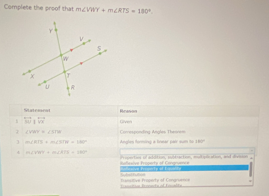 Complete the proof that m∠ VWY+m∠ RTS=180°. 
Statement Reason
1 overleftrightarrow SUparallel overleftrightarrow VX Given
2 ∠ VWY≌ ∠ STW Corresponding Angles Theorem
3 m∠ RTS+m∠ STW=180° Angles forming a linear pair sum to 180°
4 m∠ VWY+m∠ RTS=180°
Properties of addition, subtraction, multiplication, and division
Reflexive Property of Congruence
Reflexive Property of Equality
Substitution
Transitive Property of Congruence
Transitive Pronerty of Fouality