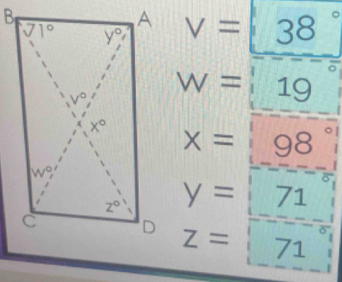 v=38°
W=119
x=98°
y=71
z=71