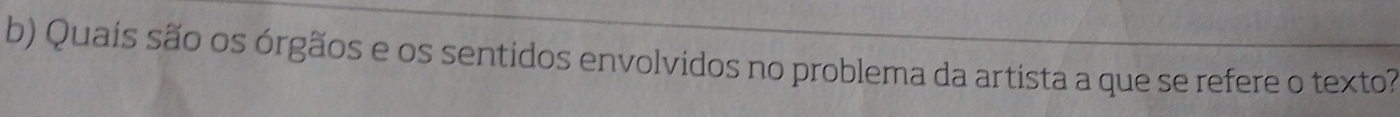 Quais são os órgãos e os sentidos envolvidos no problema da artista a que se refere o texto?