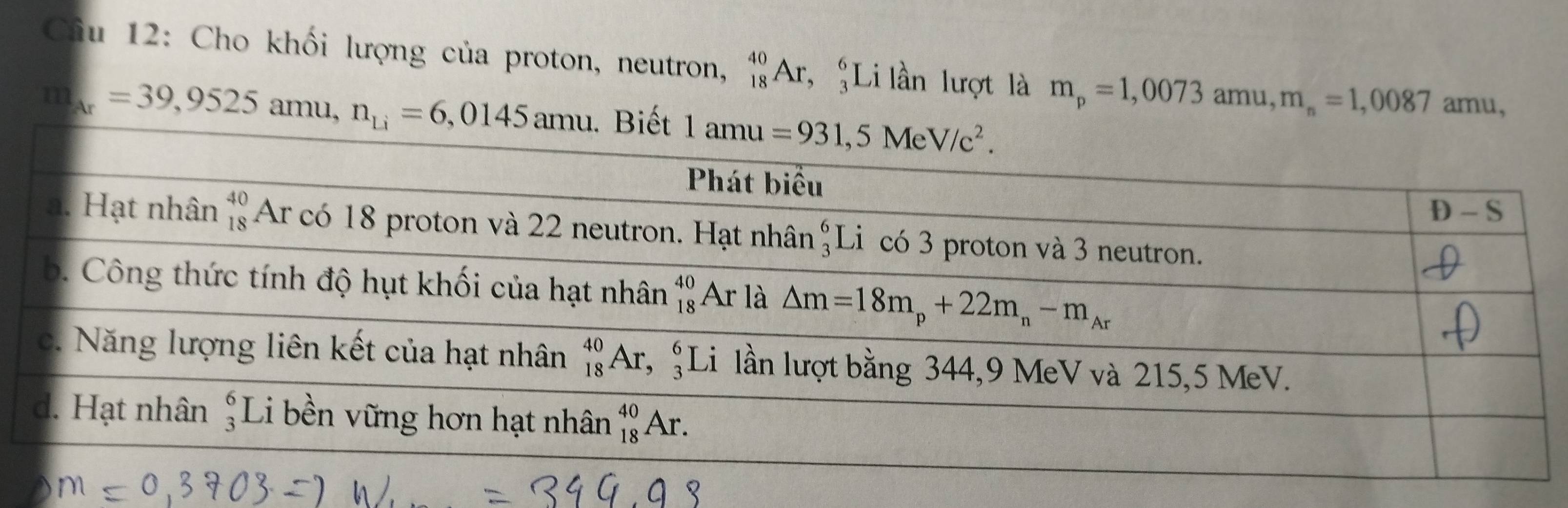 Cho khối lượng của proton, neutron, _(18)^(40)Ar,_3^(6 Li lần lượt là m_p)=1,0073amu,m_n=1,0087amu,
m_Ar=39,9525amu, n_Li=6,0145amu