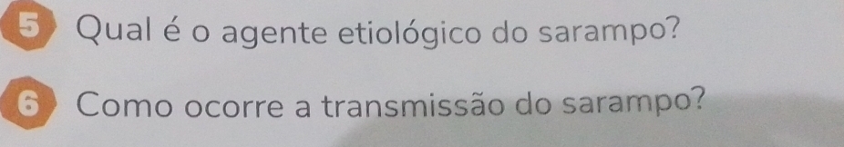 Qual é o agente etiológico do sarampo? 
6) Como ocorre a transmissão do sarampo?