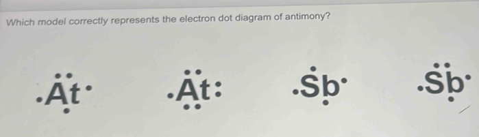 Which model correctly represents the electron dot diagram of antimony?
.Adot tdot  .At: .dot Sb^(..dot S)overset circ bdot 