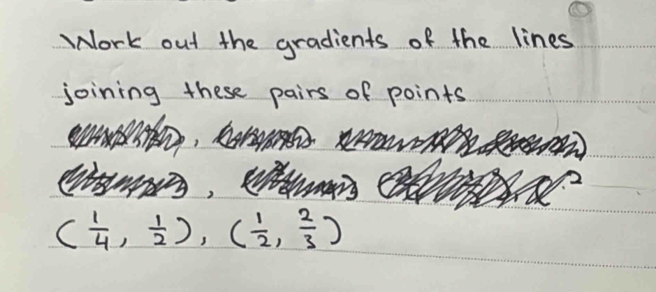 Work out the gradients of the lines 
joining these pairs of points
( 1/4 , 1/2 ),( 1/2 , 2/3 )