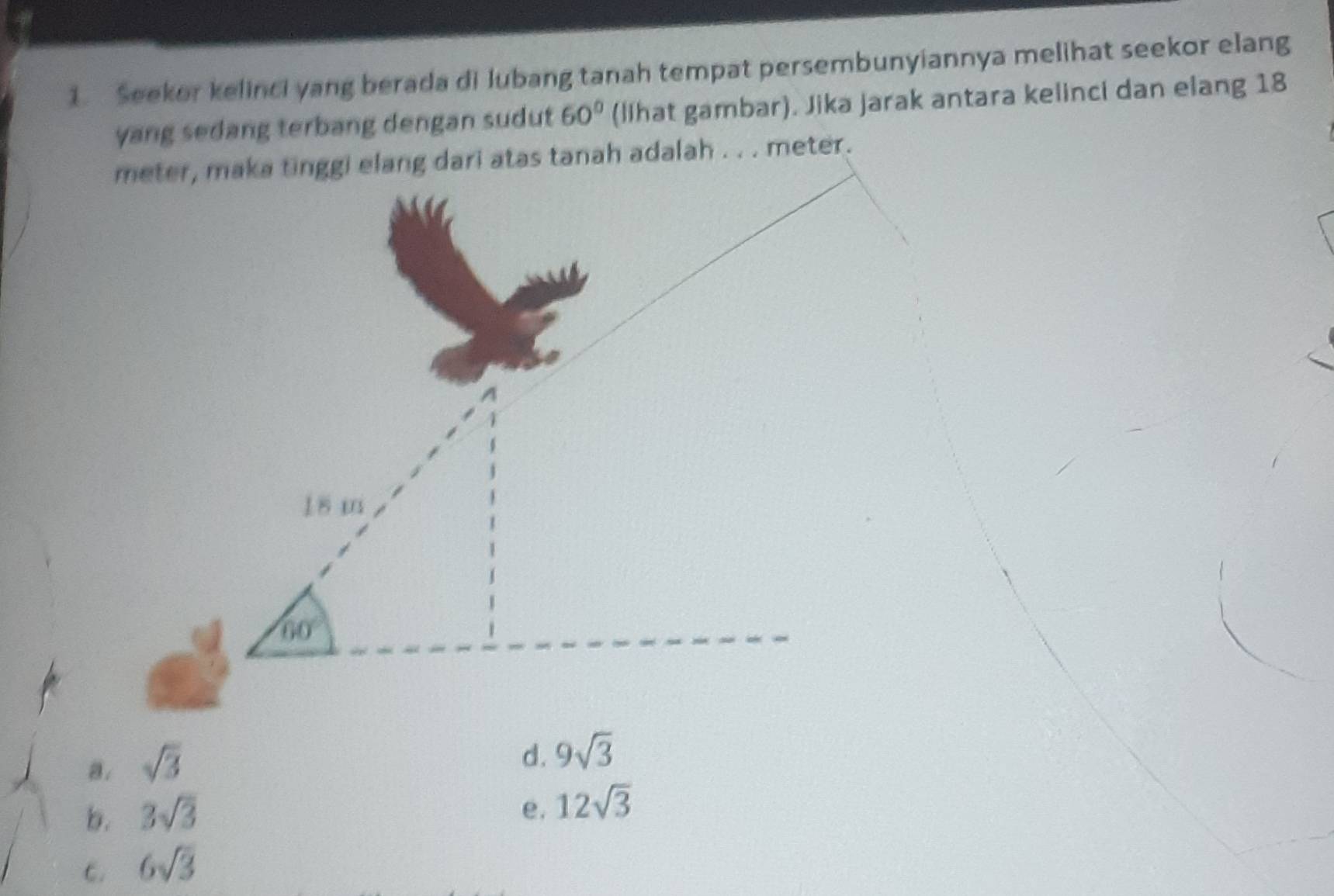 Seekor kelinci yang berada di lubang tanah tempat persembunyiannya melihat seekor elang
yang sedang terbang dengan sudut 60° (llhat gambar). Jika jarak antara kelinci dan elang 18
B. sqrt(3)
d. 9sqrt(3)
b. 3sqrt(3)
e. 12sqrt(3)
C. 6sqrt(3)