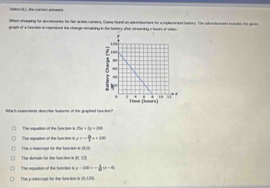 Select ALL the correct answers
When shopping for accessories for her action camera, Giana found an advertisement for a replacement battery. The advertisement includes the given
graph of a function to represent the charge remaining in the battery after streaming x hours of video.
ξ
Time (hours)
Which statements describe features of the graphed function?
The equation of the function is 25x+2y=200
The equation of the function is y=- 23/2 x+100
The x-intercept for the function is (8,0)
The domain for the function is [0,12]
The equation of the function is y-100=- 2/25 (x-8)
The y-intercept for the function is (0,120).