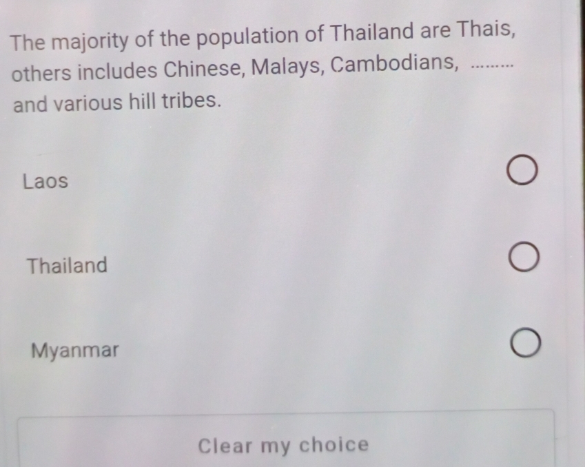 The majority of the population of Thailand are Thais,
others includes Chinese, Malays, Cambodians, …….
and various hill tribes.
Laos
Thailand
Myanmar
Clear my choice