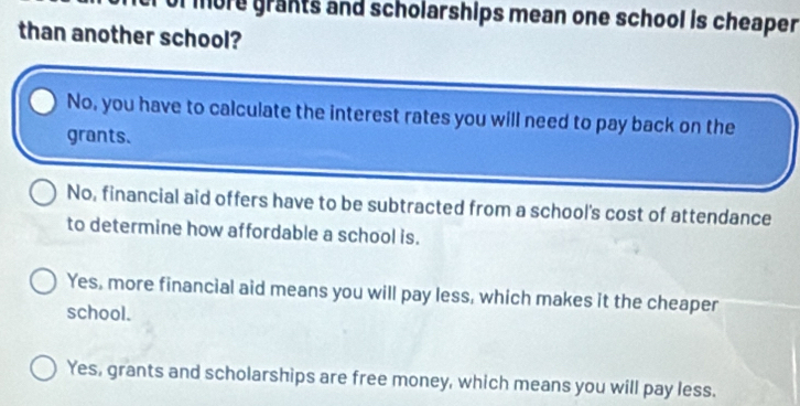 more grants and scholarships mean one school is cheaper
than another school?
No, you have to calculate the interest rates you will need to pay back on the
grants.
No, financial aid offers have to be subtracted from a school's cost of attendance
to determine how affordable a school is.
Yes, more financial aid means you will pay less, which makes it the cheaper
school.
Yes, grants and scholarships are free money, which means you will pay less.