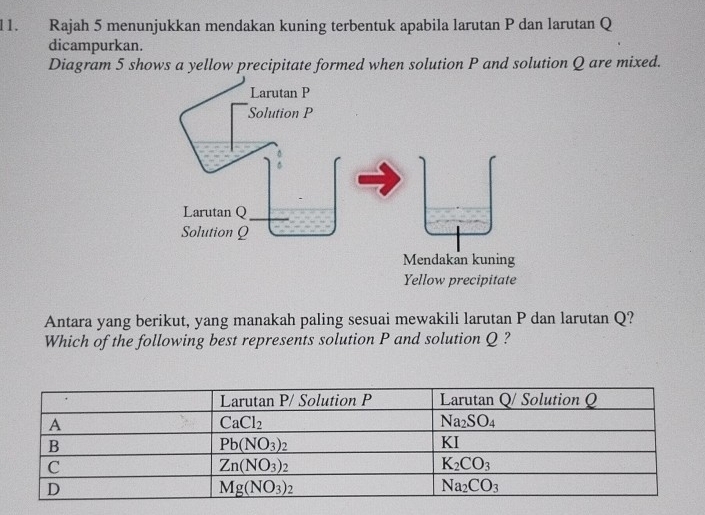 Rajah 5 menunjukkan mendakan kuning terbentuk apabila larutan P dan larutan Q
dicampurkan.
Diagram 5 shows a yellow precipitate formed when solution P and solution Q are mixed.
Antara yang berikut, yang manakah paling sesuai mewakili larutan P dan larutan Q?
Which of the following best represents solution P and solution Q ?