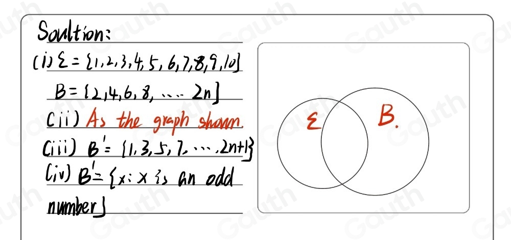 Soultion: 
(i) xi = 1,2,3,4,5,6,7,8,9,10
B= 2,4,6,8,·s · 2n
[II) As the graph shown 
(i ) B'= 1,3,5,7,...,2n+1
[jU] B'= x:x:s an odd 
numbers