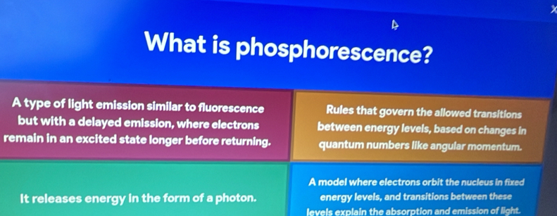 Solved: a What is phosphorescence? A type of light emission similar to ...