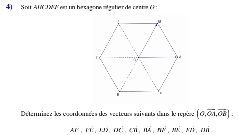 Soit ABCDEF est un hexagone régulier de centre O : 
Déterminez les coordonnées des vecteurs suivants dans le repère (O,overline OA, overline OB)
overline AF, overline FE, overline ED, overline DC, overline CB, overline BA, overline BF, overline BE, overline FD, overline DB.