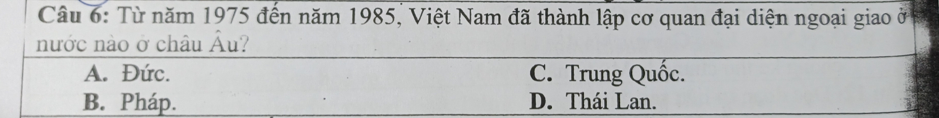 Từ năm 1975 đến năm 1985, Việt Nam đã thành lập cơ quan đại diện ngoại giao ở
nước nào ở châu Âu?
A. Đức. C. Trung Quốc.
B. Pháp. D. Thái Lan.