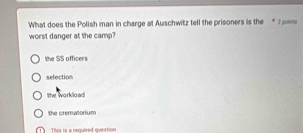 What does the Polish man in charge at Auschwitz tell the prisoners is the * 2 points
worst danger at the camp?
the SS officers
selection
the workload
the crematorium
This is a required question