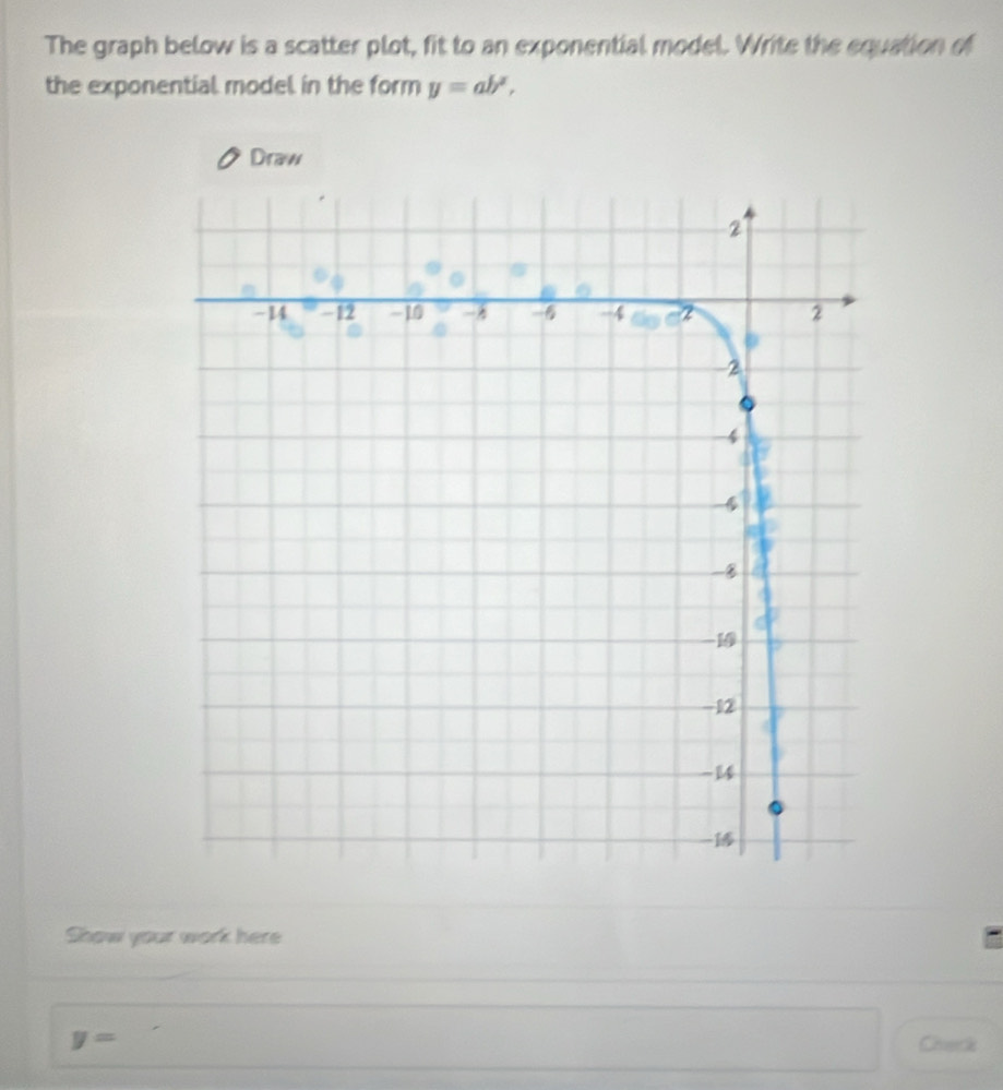 The graph below is a scatter plot, fit to an exponential model. Write the equation of 
the exponential model in the form y=ab^x, 
Draw 
Show your work here
y= Chnerk