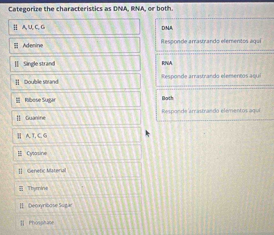 Categorize the characteristics as DNA, RNA, or both. 
A,U, C, G DNA 
Adenine Responde arrastrando elementos aquí 
Single strand RNA 
Responde arrastrando elementos aquí 
Double strand 
Ribose Sugar Both 
Responde arrastrando elementos aquí 
Guanine 
A, T, C, G 
Cytosine 
Genetic Material 
Thymine 
Deoxyribose Sugar 
Phosphate