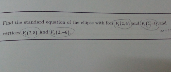 Find the standard equation of the ellipse with foci F_1(2,6) and (F_2(2,-4) and 
vertices V_1(2,8) and V_2(2,-6).