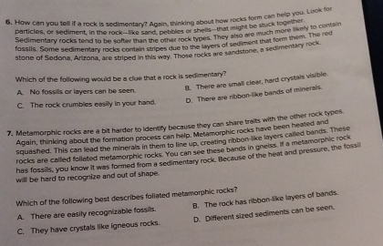 How can you tell if a rock is sedimentary? Again, thinking about how rocks form can help you. Look for
particles, or sediment, in the rock-like sand, pebbles or shells--that might be stuck together
Sedimentary rocks tend to be softer than the other rock types. They also are much more likely to con 
fossils. Some sedimentary rocks contain stripes due to the liayers of sediment that form them. The red
stone of Sedona, Arizona, are striped in this way. Those rocks are sandstone, a sedimentary rock
Which of the following would be a clue that a rock is sedimentary?
B. There are small clear, hard crystals visible.
A. No fossills or layers can be seen.
C. The rock crumbles easily in your hand. D. There are ribbon-like bands of minerals.
7. Metamorphic rocks are a bit harder to identify because they can share traits with the other rock types.
Again, thinking about the formation process can help. Metamorphic rocks have been heated and
squashed. This can lead the minerals in them to line up, creating ribbon like layers called bands. These
rocks are called foliated metamorphic rocks. You can see these bands in gneiss. if a metamorphic rock
has fossils, you know it was formed from a sedimentary rock. Because of the heat and pressure, the fossil
will be hard to recognize and out of shape.
Which of the following best describes foliated metamorphic rocks?
A. There are easily recognizable fossils. B. The rock has ribbon-like layers of bands.
C. They have crystals like igneous rocks. D. Different sized sediments can be seen.