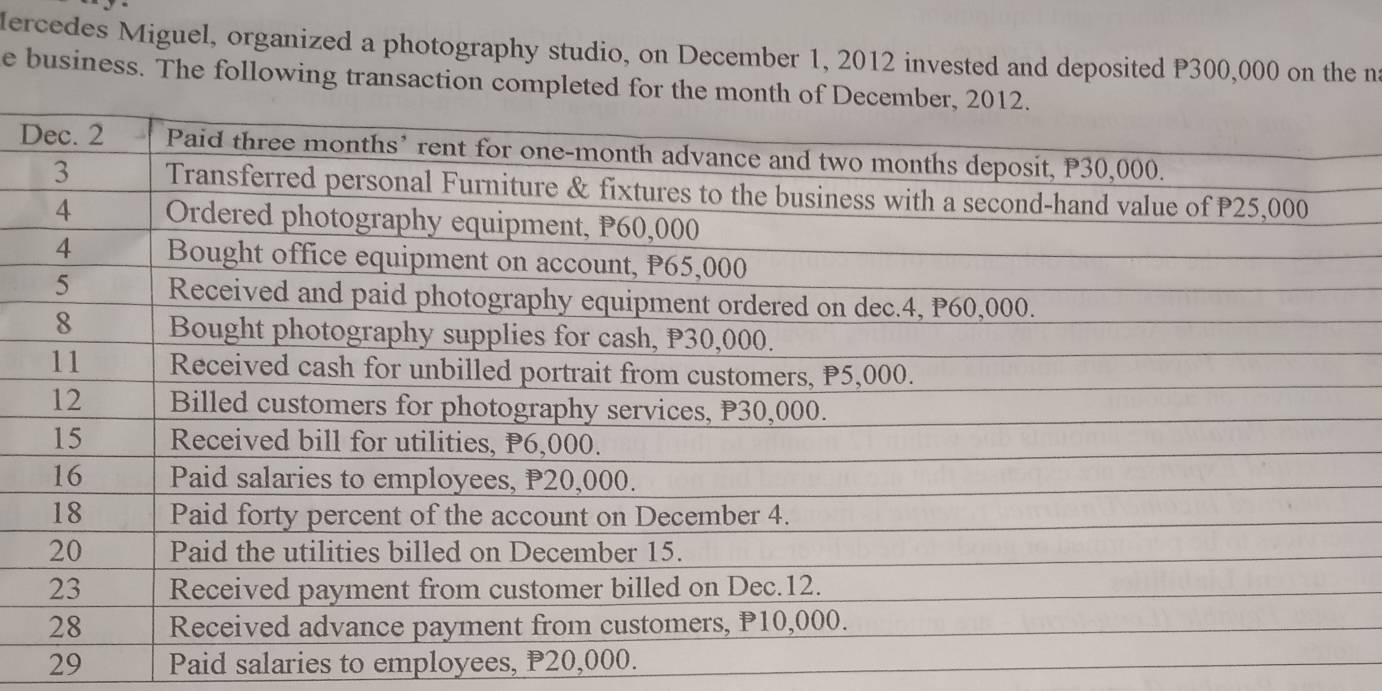 lercedes Miguel, organized a photography studio, on December 1, 2012 invested and deposited P300,000 on the n 
e business. The following transaction complete 
D 
29 Paid salaries to employees, P20,000.