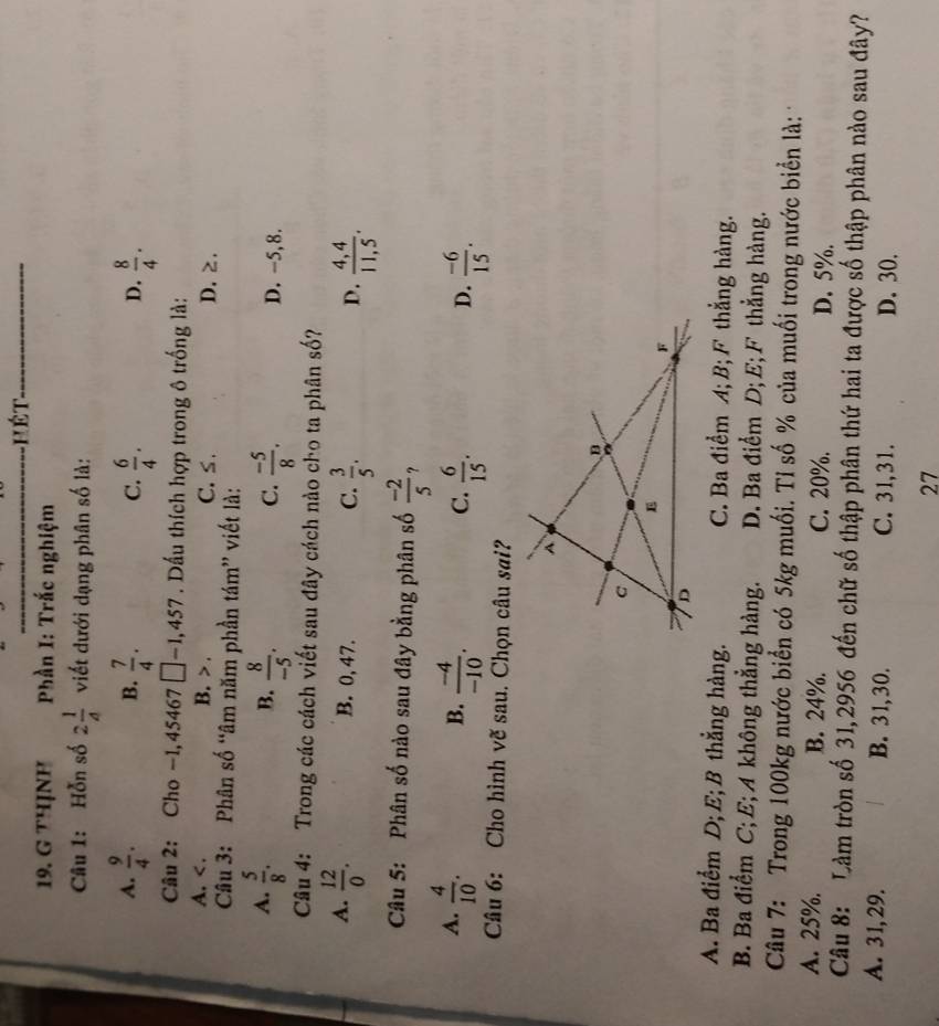 hét_
19. G THỊNH  Phần I: Trắc nghiệm
Câu 1: Hỗn số 2 1/4  viết dưới dạng phân số là:
A.  9/4 .  7/4 .  6/4 .  8/4 .
B.
C.
D.
Câu 2: Cho -1,45467 □ -1,457. Dấu thích hợp trong ô trống là:
A. < . B. > . C. ≤ . D.≥.
Câu 3: Phân số “âm năm phần tám” viết là:
B.
C.
A.  5/8 .  8/-5 .  (-5)/8 . D. -5,8.
Câu 4: Trong các cách viết sau đây cách nào cho ta phân số?
A.  12/0 . B. 0, 47. C.  3/5 .  (4,4)/11,5 .
D.
Câu 5: Phân số nào sau đây bằng phân số  (-2)/5  ?
B.
A.  4/10 .  (-4)/-10 .  6/15 .  (-6)/15 .
C.
D.
Câu 6: Cho hình vẽ sau. Chọn câu sai?
A. Ba điểm D; E; B thẳng hàng. C. Ba điểm A; B; F thẳng hàng.
B. Ba điểm C; E; A không thẳng hàng. D. Ba điểm D; E; F thẳng hàng.
Câu 7: Trong 100kg nước biển có 5kg muối. Tỉ số % của muối trong nước biển là:
A. 25%. B. 24%. C. 20%. D. 5%.
Câu 8: Làm tròn số 31,2956 đến chữ số thập phân thứ hai ta được số thập phân nào sau đây?
A. 31, 29. B. 31,30. C. 31,31. D. 30.
27