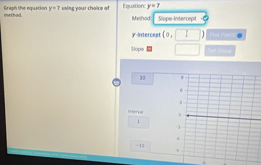 Graph the equation y=7 using your choice of Equation: y=7
method. Method: Slope-Intercept 
y-intercept ( 0 , I Plot Point 
Slope Set Slope
10
Interval
1
-10
-8