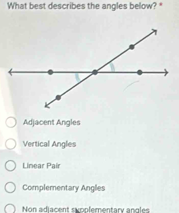 What best describes the angles below? *
Adjacent Angles
Vertical Angles
Linear Pair
Complementary Angles
Non adiacent supplementary angles