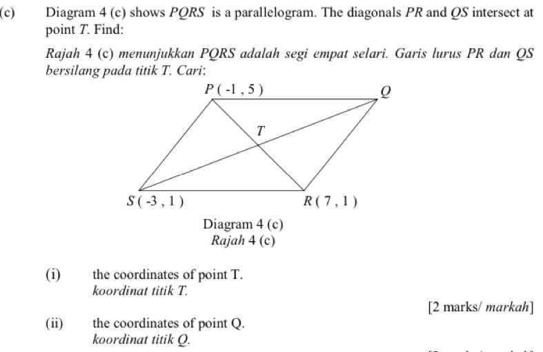 Diagram 4 (c) shows PQRS is a parallelogram. The diagonals PR and QS intersect at
point T. Find:
Rajah 4 (c) menunjukkan PQRS adalah segi empat selari. Garis lurus PR dan QS
bersilang pada titik T. Cari:
Diagram 4 (c)
Rajah 4 (c)
(i) the coordinates of point T.
koordinat titik T.
[2 marks/ markah]
(ii) the coordinates of point Q.
koordinat titik Q.