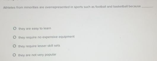 Solved: Athletes from minorities are overrepresented in sports such as ...