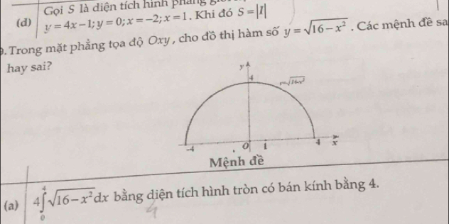 y=4x-1;y=0;x=-2;x=1 Gọi S là diện tích hình pháng S=|I|. Khi đó
9. Trong mặt phẳng tọa độ Oxy , cho đồ thị hàm số y=sqrt(16-x^2). Các mệnh đề sa
hay sai? 
(a) 4∈tlimits _0^(4sqrt(16-x^2))dx bằng diện tích hình tròn có bán kính bằng 4.
U