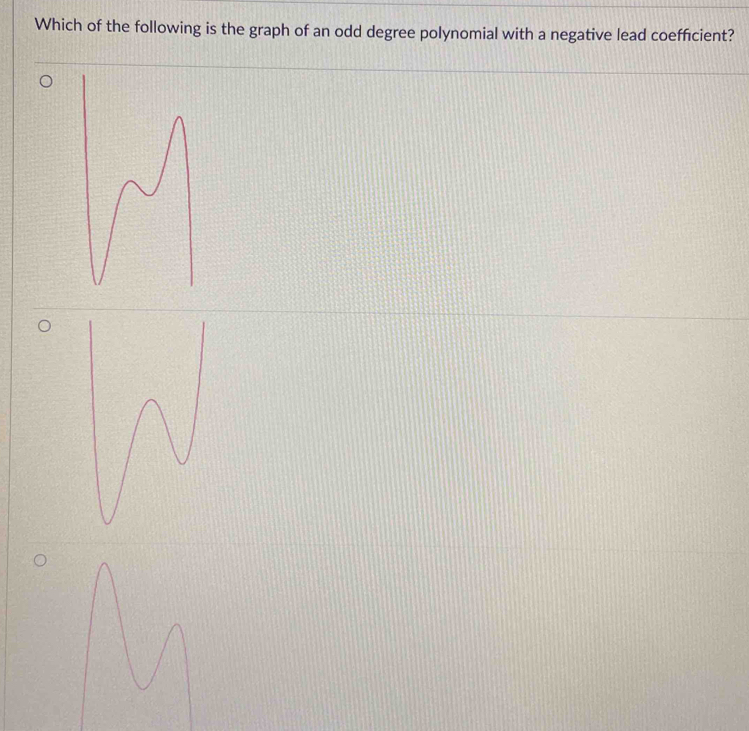 Which of the following is the graph of an odd degree polynomial with a negative lead coefficient?