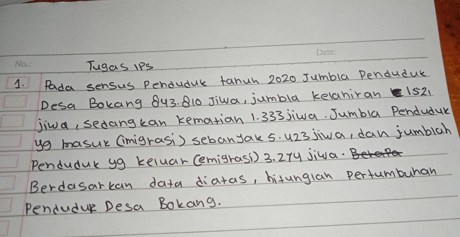 Tugas ips 
1. Pada sensus Penduduk tanuh 2020 Jumbla Penduduk 
Desa Bokang 843. 010 Jiwa, jumbla keiahiran 1521
jiwa, sedangkan kemation 1. 333jiwa. Jumbla Penduduk 
yg masur (imigrasi) sebanyak 5. u23 jiva, dan jumblah 
Penduduk yg keiuar(emigrasi) 3. 27y jiNa. 
Berdasarkan data diatas, hitunglan pertumbuhan 
Pendudue Desa Bokang.