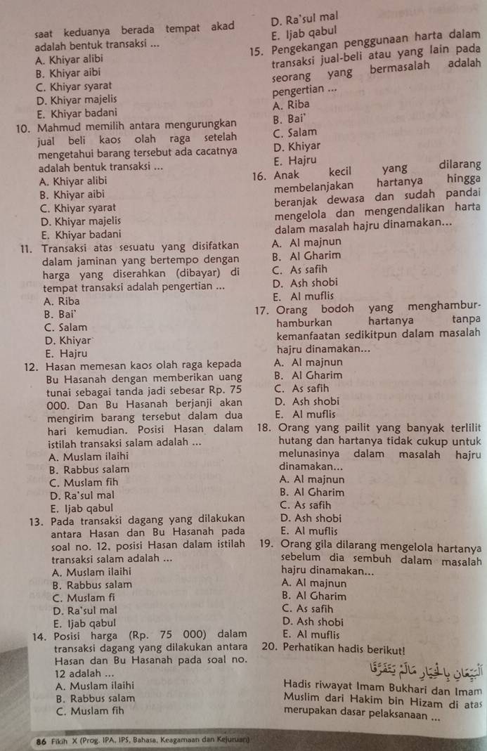 D. Ra'sul mal
saat keduanya berada tempat akad
E. Ijab qabul
15. Pengekangan penggunaan harta dalam
adalah bentuk transaksi ...
A. Khiyar alibi
transaksi jual-beli atau yang lain pada
B. Khiyar aibi
seorang yang bermasalah adalah
C. Khiyar syarat
D. Khiyar majelis pengertian ...
E. Khiyar badani A. Riba
10. Mahmud memilih antara mengurungkan B. Bai'
jual beli kaos olah raga setelah C. Salam
mengetahui barang tersebut ada cacatnya D. Khiyar
adalah bentuk transaksi ... E. Hajru
A. Khiyar alibi 16. Anak kecil yang dilarang
B. Khiyar aibi membelanjakan hartanya f hingga
C. Khiyar syarat beranjak dewasa dan sudah pandai
D. Khiyar majelis mengelola dan mengendalikan harta
E. Khiyar badani dalam masalah hajru dinamakan...
11. Transaksi atas sesuatu yang disifatkan A. Al majnun
dalam jaminan yang bertempo dengan B. Al Gharim
harga yang diserahkan (dibayar) di C. As safih
tempat transaksi adalah pengertian ... D. Ash shobi
A. Riba E. Al muflis
B. Bai' 17. Orang bodoh yang menghambur-
C. Salam hamburkan hartanya tanpa
D. Khiyar kemanfaatan sedikitpun dalam masalah
E. Hajru hajru dinamakan...
12. Hasan memesan kaos olah raga kepada A. Al majnun
Bu Hasanah dengan memberikan uang B. Al Gharim
tunai sebagai tanda jadi sebesar Rp. 75 C. As safih
000. Dan Bu Hasanah berjanji akan D. Ash shobi
mengirim barang tersebut dalam dua E. Al muflis
hari kemudian. Posisi Hasan dalam 18. Orang yang pailit yang banyak terlilit
istilah transaksi salam adalah ... hutang dan hartanya tidak cukup untuk
A. Muslam ilaihi melunasinya dalam masalah hajru
dinamakan...
B. Rabbus salam A. Al majnun
C. Muslam fih
D. Ra'sul mal B. Al Gharim
E. Ijab qabul C. As safih
13. Pada transaksi dagang yang dilakukan D. Ash shobi
antara Hasan dan Bu Hasanah pada E. Al muflis
soal no. 12, posisi Hasan dalam istilah 19. Orang gila dilarang mengelola hartanya
transaksi salam adalah ... sebelum dia sembuh dalam masalah
A. Muslam ilaihi hajru dinamakan...
B. Rabbus salam A. Al majnun
B. Al Gharim
C. Muslam fi C. As safih
D. Ra'sul mal D. Ash shobi
E. Ijab qabul E. Al muflis
14. Posisi harga (Rp. 75 000) dalam 20. Perhatikan hadis berikut!
transaksi dagang yang dilakukan antara
Hasan dan Bu Hasanah pada soal no.
12 adalah ...
A. Muslam ilaihi Hadis riwayat Imam Bukhari dan Imam
B. Rabbus salam  Muslim dari Hakim bin Hizam di atas
C. Muslam fih merupakan dasar pelaksanaan ...
86 Fikih X (Prog. IPA, IPS, Bahasa, Keagamaan dan Kejuruan)