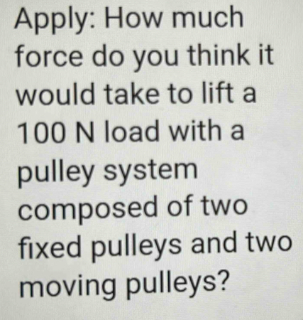 Apply: How much 
force do you think it 
would take to lift a
100 N load with a 
pulley system 
composed of two 
fixed pulleys and two 
moving pulleys?