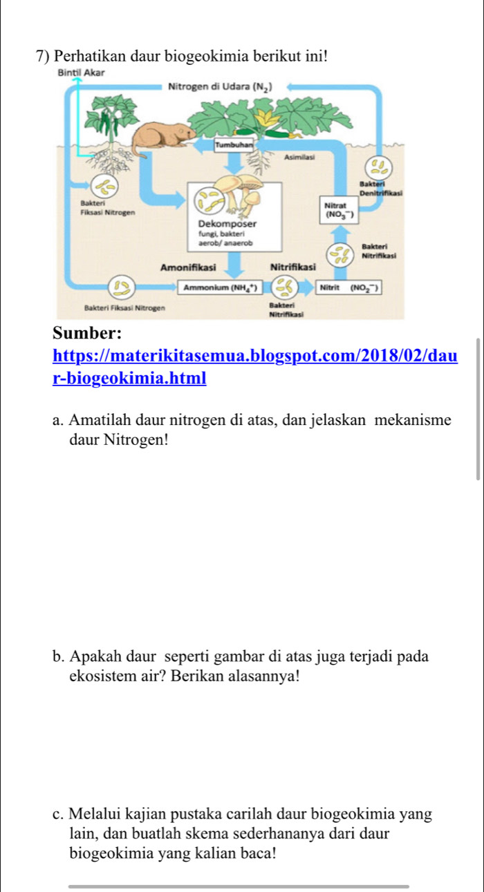 Perhatikan daur biogeokimia berikut ini!
Sumber:
https://materikitasemua.blogspot.com/2018/02/dau
r-biogeokimia.html
a. Amatilah daur nitrogen di atas, dan jelaskan mekanisme
daur Nitrogen!
b. Apakah daur seperti gambar di atas juga terjadi pada
ekosistem air? Berikan alasannya!
c. Melalui kajian pustaka carilah daur biogeokimia yang
lain, dan buatlah skema sederhananya dari daur
biogeokimia yang kalian baca!
_