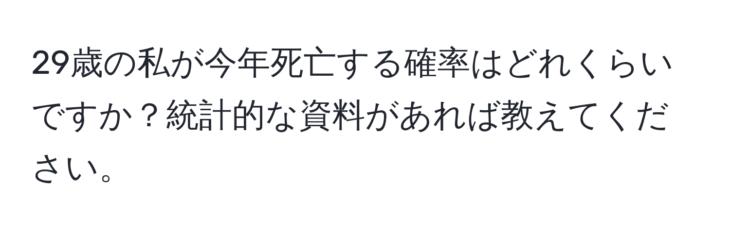 29歳の私が今年死亡する確率はどれくらいですか？統計的な資料があれば教えてください。