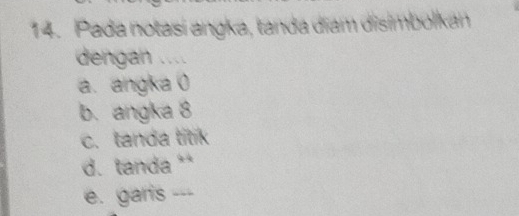 Pada notasi angka, tanda diam disimbolkan
dengan ....
a. angka 0
b. angka 8
c. tanda titik
d. tanda **
e. garis ---