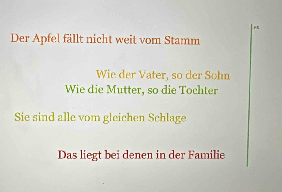 FR
Der Apfel fällt nicht weit vom Stamm
Wie der Vater, so der Sohn
Wie die Mutter, so die Tochter
Sie sind alle vom gleichen Schlage
Das liegt bei denen in der Familie