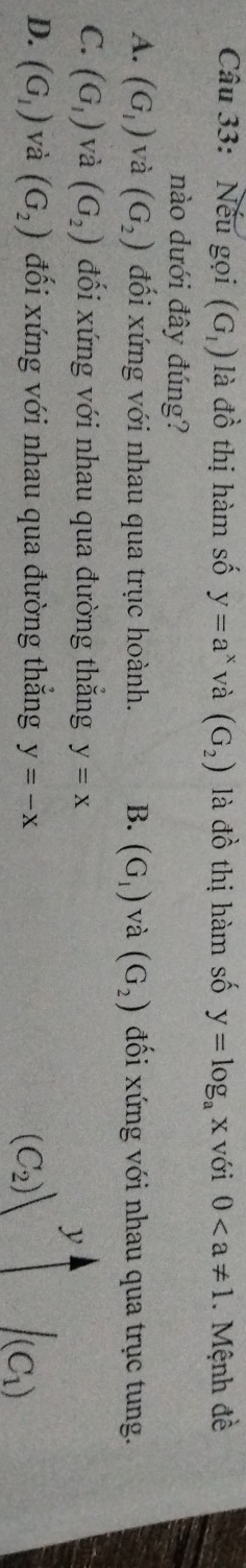 Nếu gọi (G_1) là đồ thị hàm số y=a^x và (G_2) là dhat O thị hàm số y=log _ax với 0. Mệnh đề
nào dưới đây đúng?
A. (G_1) và (G_2) đối xứng với nhau qua trục hoành. B. (G_1) và (G_2) đối xứng với nhau qua trục tung.
C. (G_1) và (G_2) đối xứng với nhau qua đường thắng y=x
y
D. (G_1) và (G_2) đối xứng với nhau qua đường thắng y=-x (C_2) /(C_1)