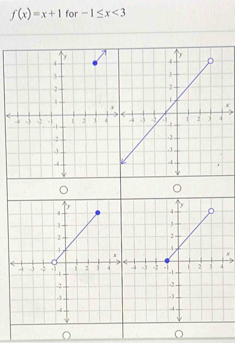 f(x)=x+1 for -1≤ x<3</tex>
x
x