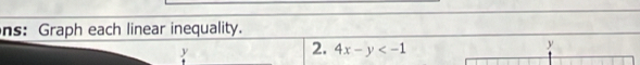 ns: Graph each linear inequality.
y
2. 4x-y
y