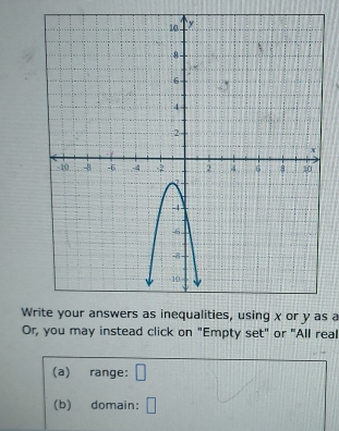 Write your answers as inequalities, using χ or y as a 
Or, you may instead click on "Empty set" or "All real 
(a) range: □
(b) domain: □