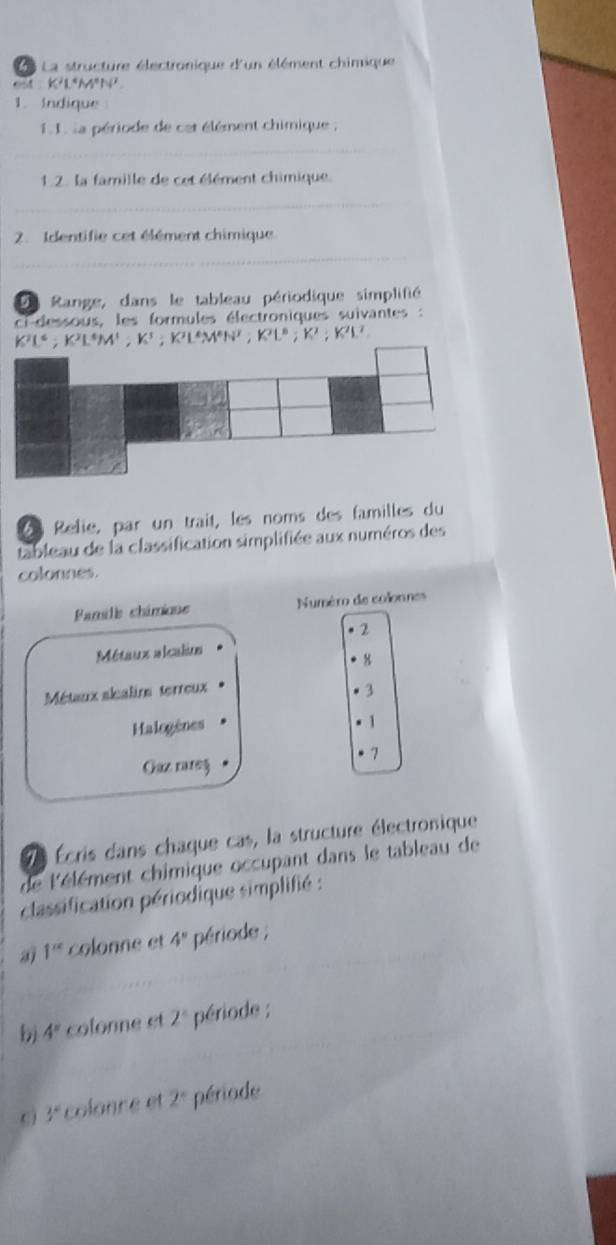 La La structure électronique d'un élément chimique 
KLMN 
1. Indique 
I la période de cet élément chimique ; 
1.2. la famille de cet élément chimique. 
2. Identifie cet élément chimique 
De Range, dans le tableau périodique simplifié 
ci-dessous, les formules électroniques suivantes :
K²Lª; K²L*M' ， K²; K²L * M*N²; K²Lº; K²; K²L²
2 Relie, par un trait, les noms des familles du 
tableau de la classification simplifiée aux numéros des 
colonnes. 
Pamile chimique Numéro de colonnes 
• 2
Métaux alcalim 
• 8
Métaux skalim terreux • 3
Halogènes 。 ] 
. 7 
Guz rarez 
l Écris dans chaque cas, la structure électronique 
de l'élément chimique occupant dans le tableau de 
classification périodique simplifié : 
a 1^(alpha) colonne et 4° période ; 
bj 4º colonne et 2° période ;
3° colonre et 2° période